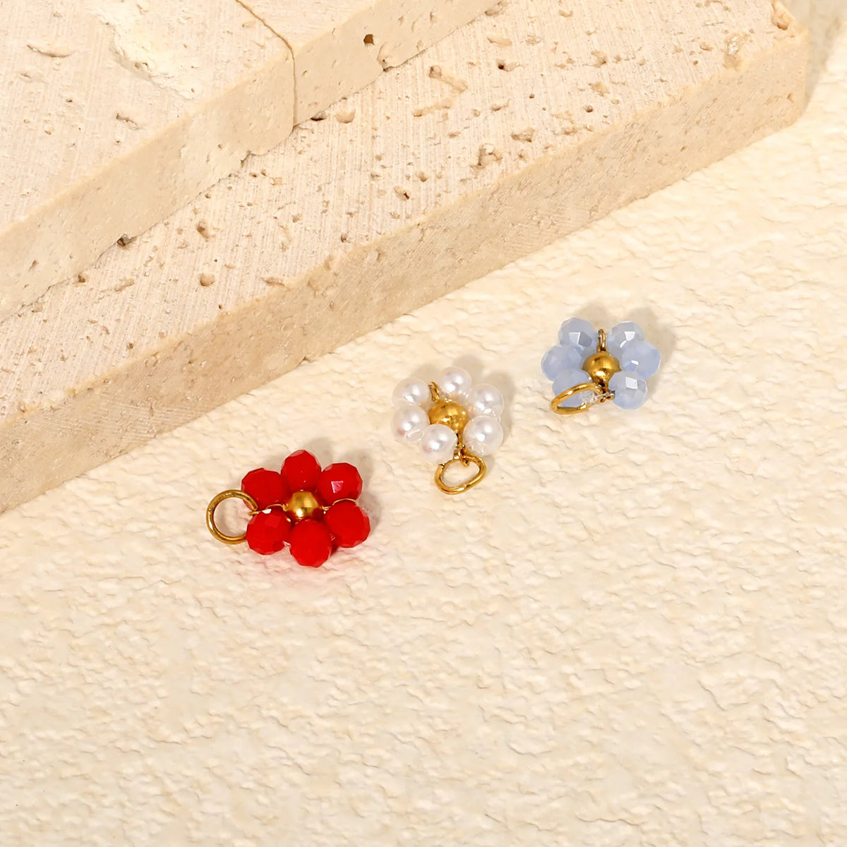 ini Beaded Flower Pendant Accessory | 9mm Gold Plated Cluster Charm | 1x6mm Jump Ring | Pearl / Blue / Red Available