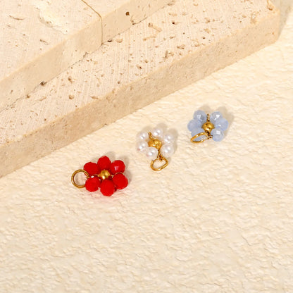 ini Beaded Flower Pendant Accessory | 9mm Gold Plated Cluster Charm | 1x6mm Jump Ring | Pearl / Blue / Red Available