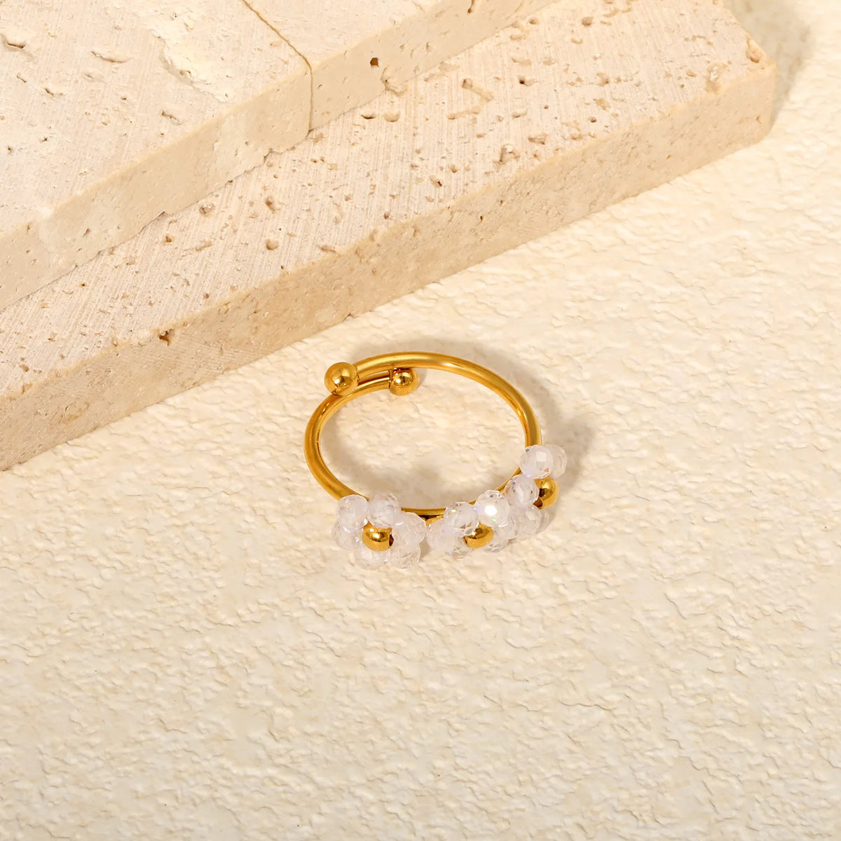 Flower Beaded Open Ring | 9mm Faceted Crystal Cluster Adjustable Ring | 18K Gold Plated | White & Pink Available