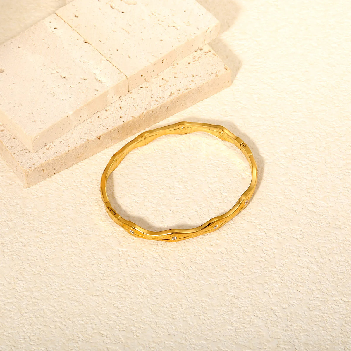 Textured Wavy Starburst Zircon Bangle | 60mm Inner Diameter | 6.5mm Width | 18K Gold Plated Hinged Bracelet