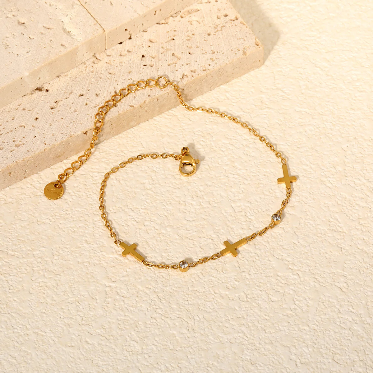 Dainty Cross Zircon Anklet 9x6mm Cross Charm 3mm CZ Stone 18K Gold Plated | Wholesale MOQ 12