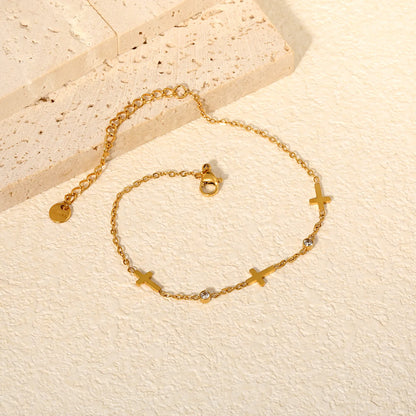 Dainty Cross Zircon Anklet 9x6mm Cross Charm 3mm CZ Stone 18K Gold Plated | Wholesale MOQ 12