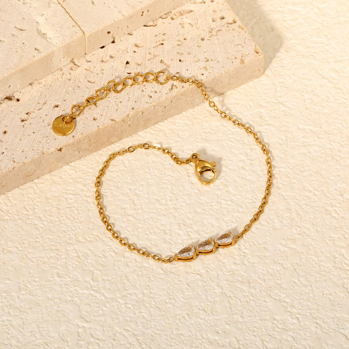 Triple Teardrop CZ Bar Bracelet | 17x3.5mm Pear Zircon Bar | 17+3cm Adjustable Chain | Gold & Silver Tone