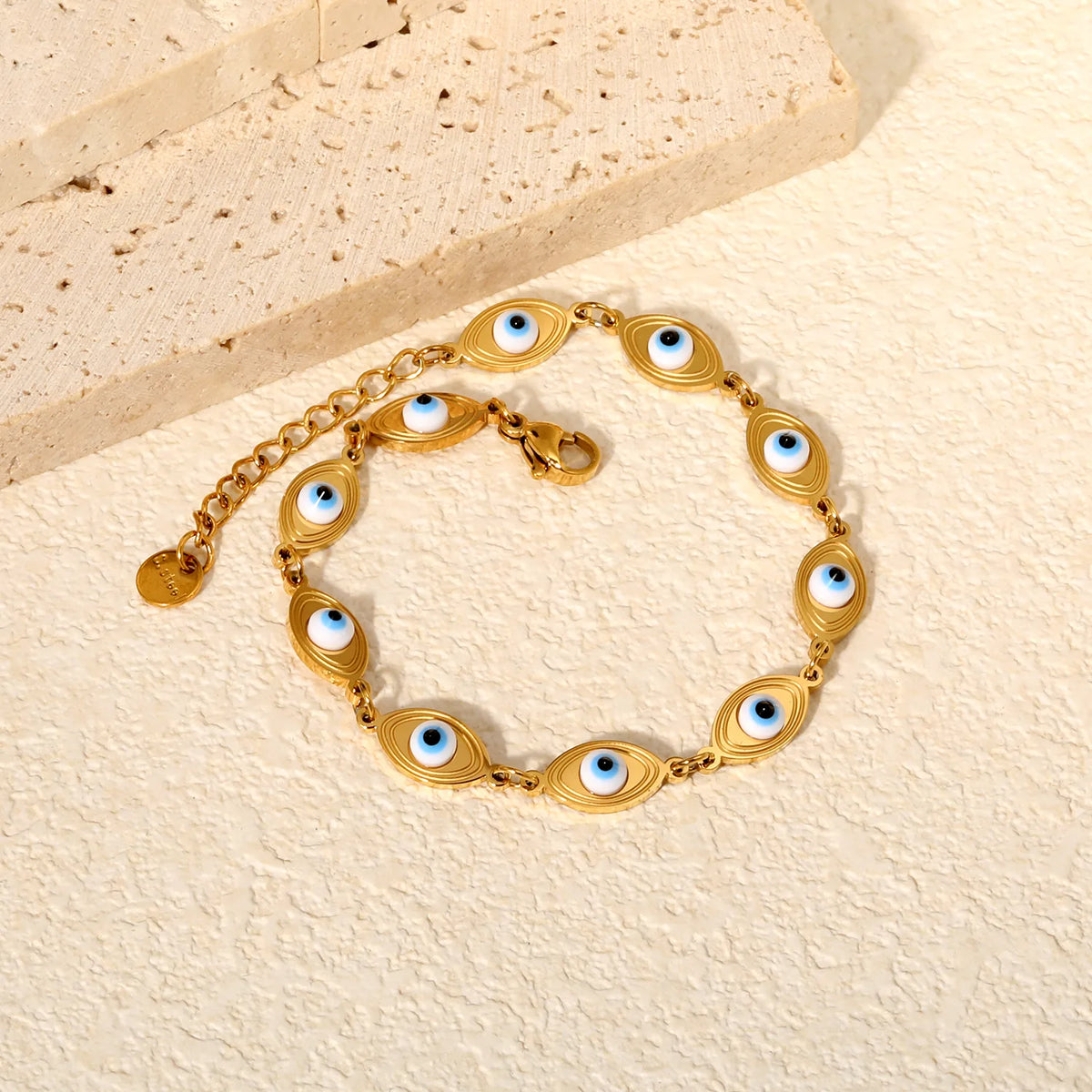 Enamel Evil Eye Station Bracelet | 15x6.5mm Oval Eye Charms | 17+3cm Adjustable Chain