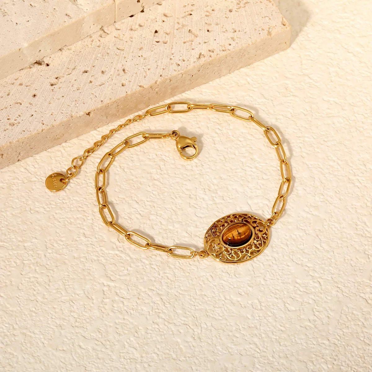 Vintage Filigree Tiger Eye Oval Charm Paperclip Bracelet | 19x15mm Hollow Pendant | 17+3cm Adjustable Chain