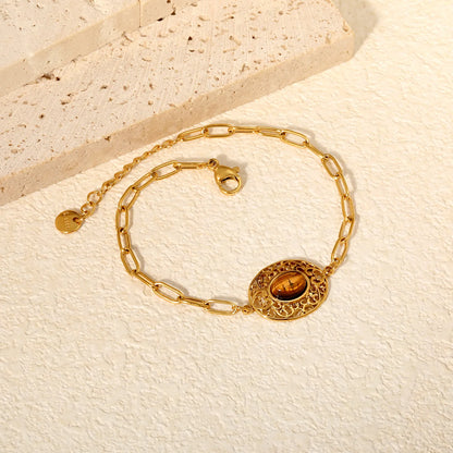 Vintage Filigree Tiger Eye Oval Charm Paperclip Bracelet | 19x15mm Hollow Pendant | 17+3cm Adjustable Chain