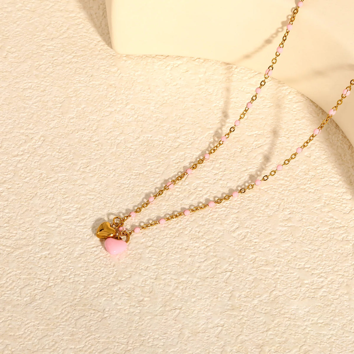 Double Heart Enamel Pendant Necklace | 7x6mm Twin Heart Charms | 40+5cm Beaded Chain | Blue & Pink Option