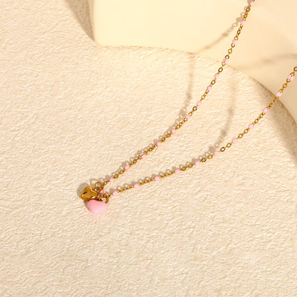 Double Heart Enamel Pendant Necklace | 7x6mm Twin Heart Charms | 40+5cm Beaded Chain | Blue & Pink Option