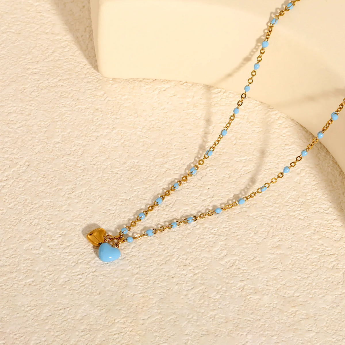 Double Heart Enamel Pendant Necklace | 7x6mm Twin Heart Charms | 40+5cm Beaded Chain | Blue & Pink Option