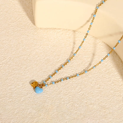 Double Heart Enamel Pendant Necklace | 7x6mm Twin Heart Charms | 40+5cm Beaded Chain | Blue & Pink Option