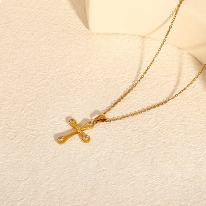 Soft Edge Zircon Cross Pendant Necklace | 20x25mm Four Stone Cross Charm | 40+5cm Adjustable Chain | Gold & Silver Tone