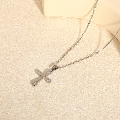 Soft Edge Zircon Cross Pendant Necklace | 20x25mm Four Stone Cross Charm | 40+5cm Adjustable Chain | Gold & Silver Tone