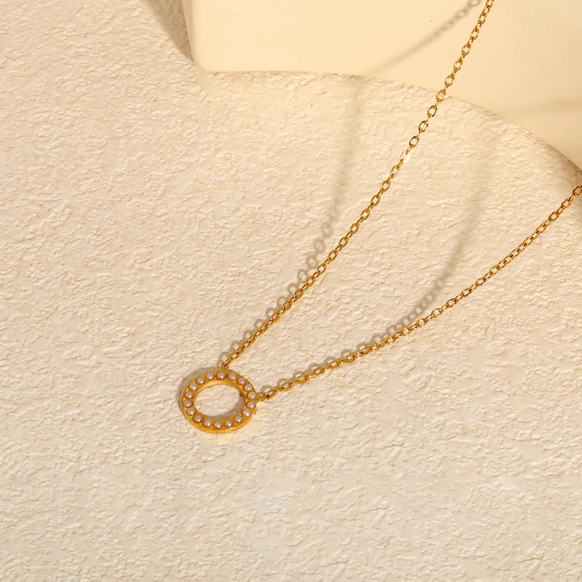 Hollow Circle Inlaid Pendant Necklace | 13mm 18K Gold Plated Ring Charm | 42+5cm Adjustable Chain