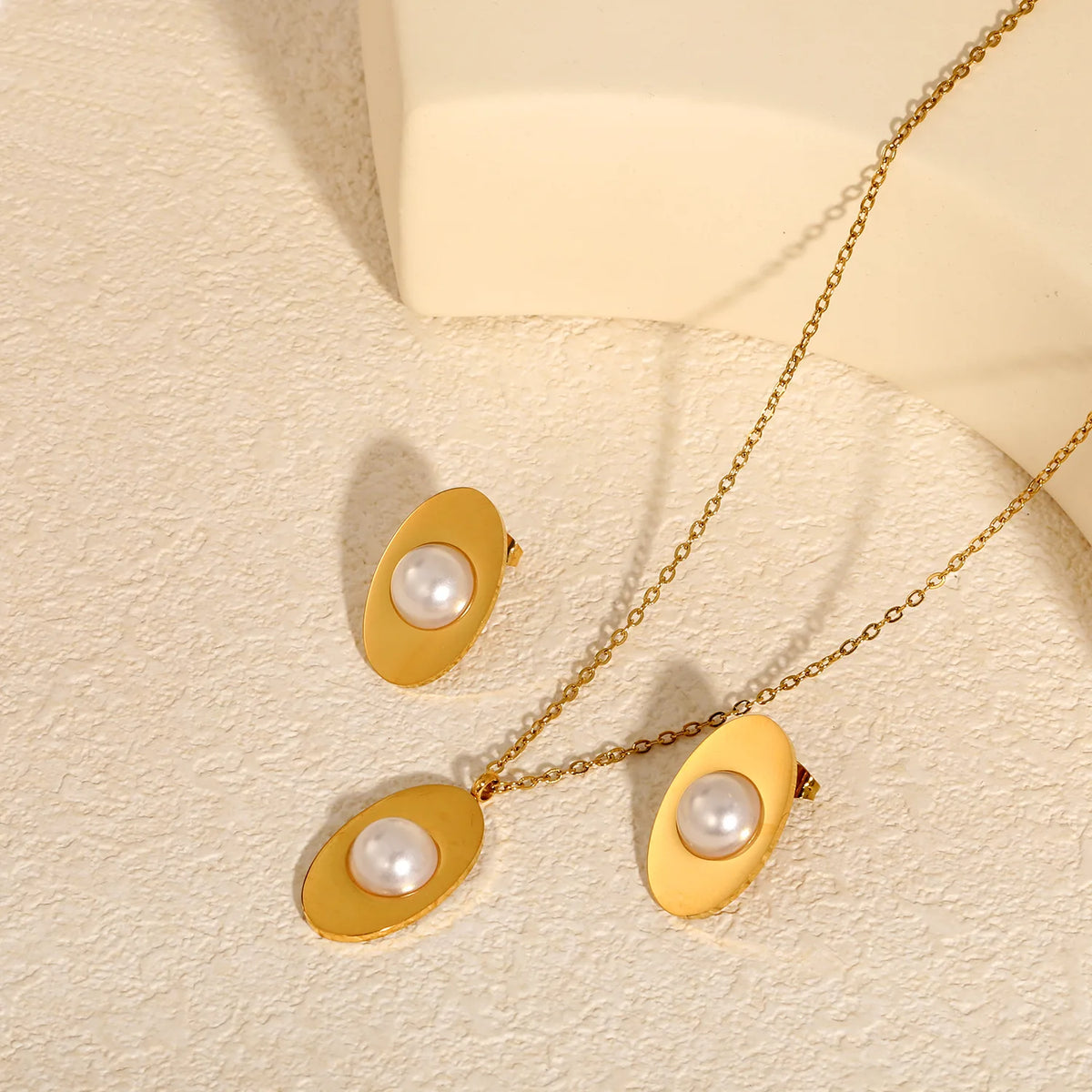 Minimalist Oval Pearl Jewelry Set | 15x24mm 18K Gold Plated Pendant Necklace & Stud Earrings | 40+5cm Chain