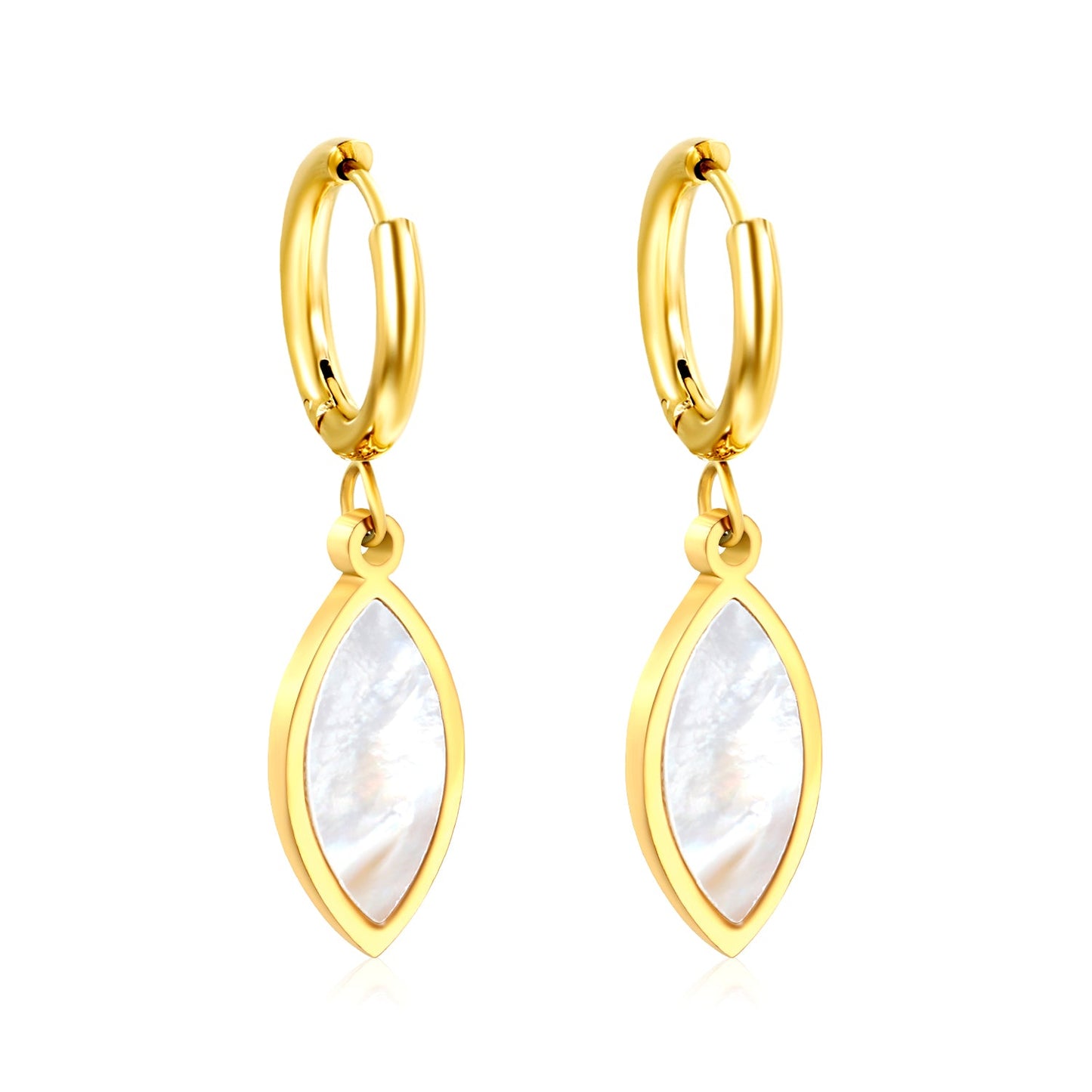 2*10mm I.D. Circle with 9*20mm Leaf Shaped White Shell Earrings Steel/Golden