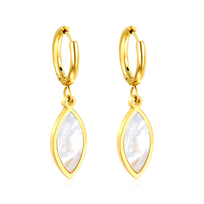 2*10mm I.D. Circle with 9*20mm Leaf Shaped White Shell Earrings Steel/Golden