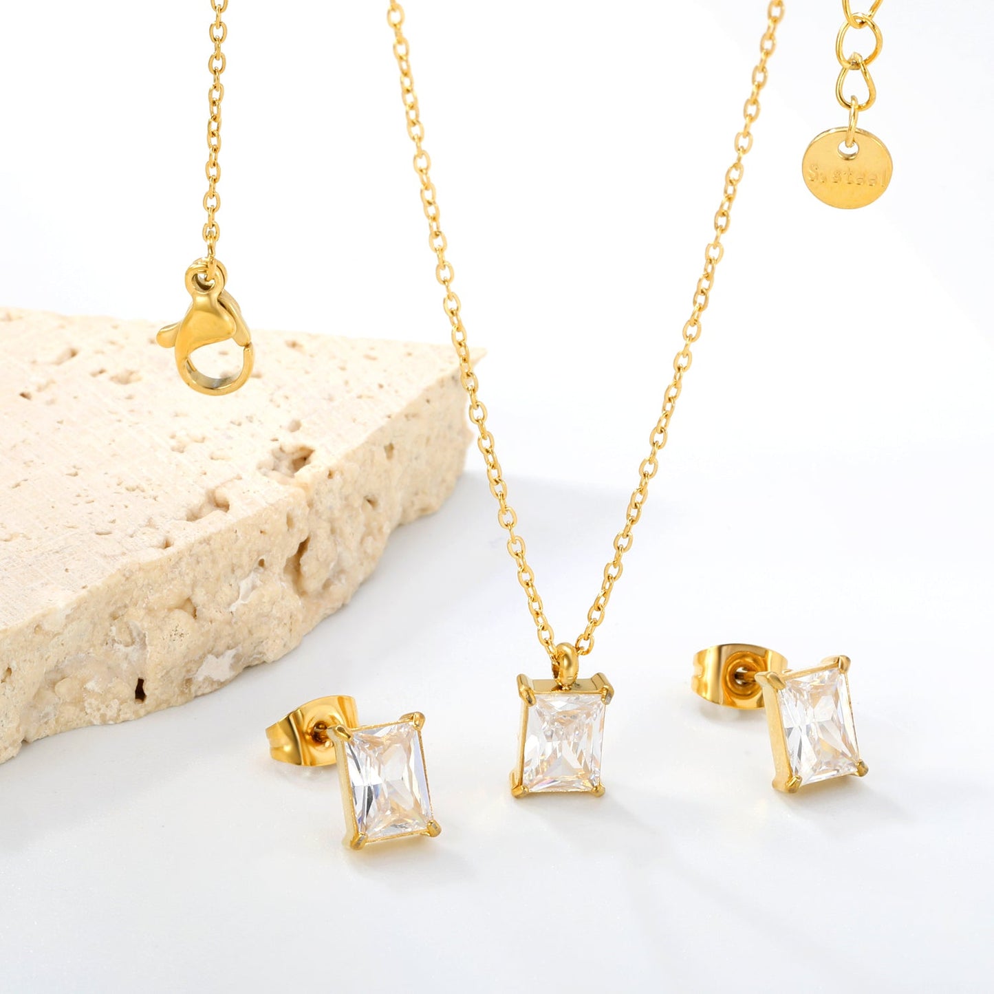 Rectangular white zirconium set Gold-colored earrings:5*7mm Pendant:5*7mm 0.3 cross chain*40+5cm+6mm round plate