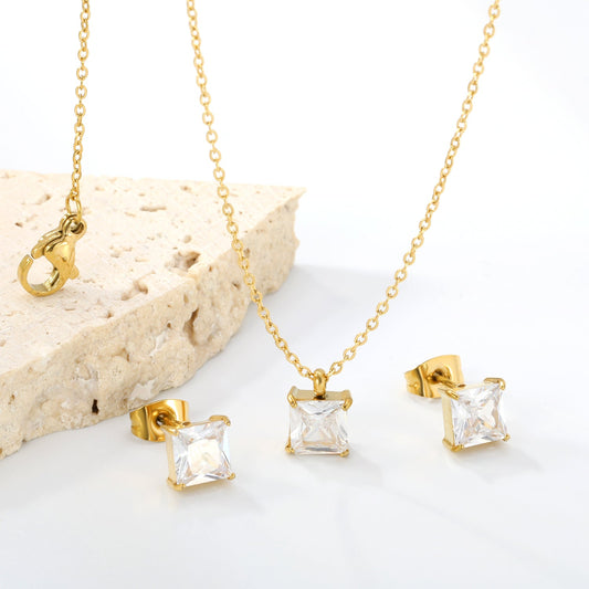 Square white zirconium set Gold color earrings:7mm Pendant:7mm 0.3 cross chain*40+5cm+6mm round plate