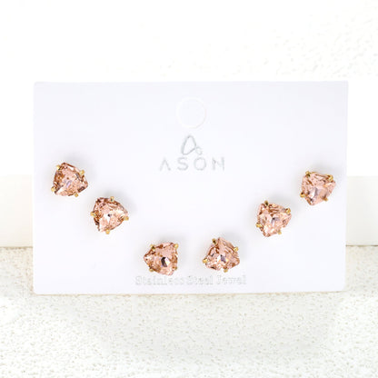 3 pairs of white/mineral black/red/light pink/champagne color 7mm equilateral triangle diamond earrings set Gold color