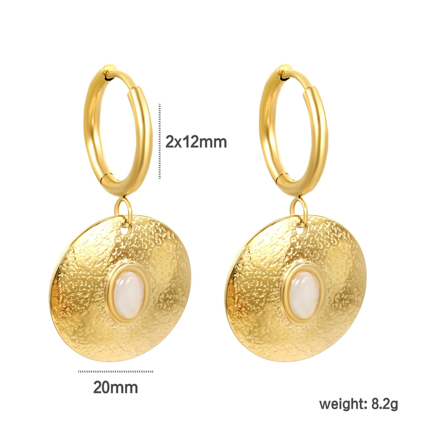 2*12mm inner diameter earrings + 20mm round with oval imitation white pearl/white cat's eye stone/turquoise earrings gold color
