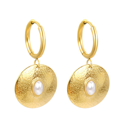 2*12mm inner diameter earrings + 20mm round with oval imitation white pearl/white cat's eye stone/turquoise earrings gold color