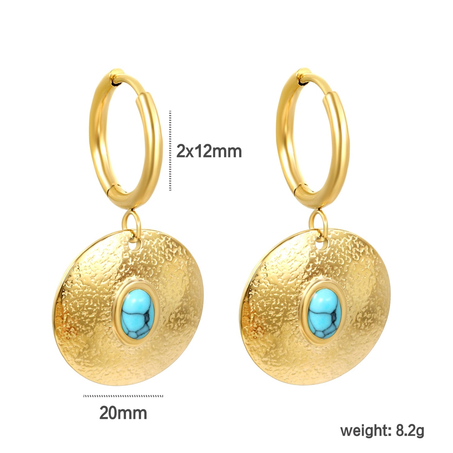 2*12mm inner diameter earrings + 20mm round with oval imitation white pearl/white cat's eye stone/turquoise earrings gold color