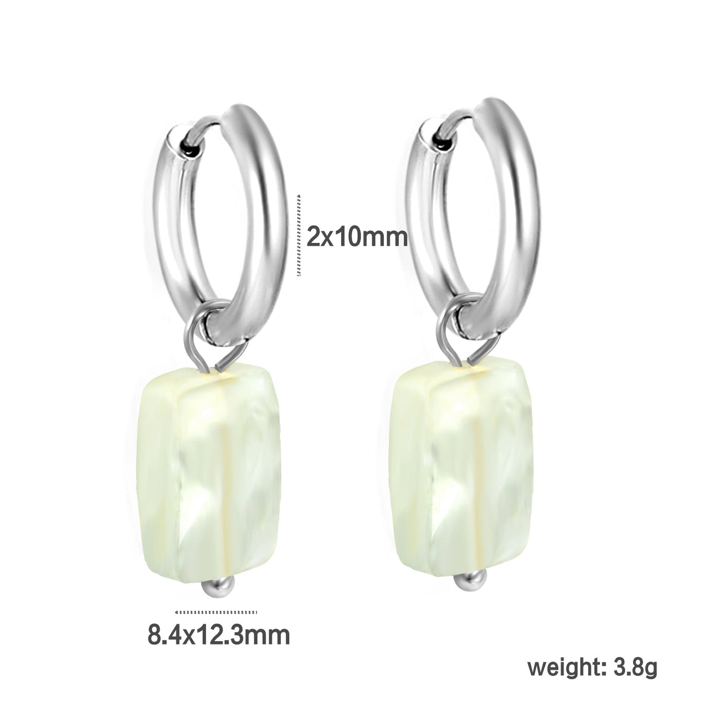 2*10mm circle + 8.4*12.3mm rectangle rhombus white natural stone earrings steel/golden color