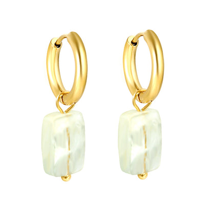 2*10mm circle + 8.4*12.3mm rectangle rhombus white natural stone earrings steel/golden color