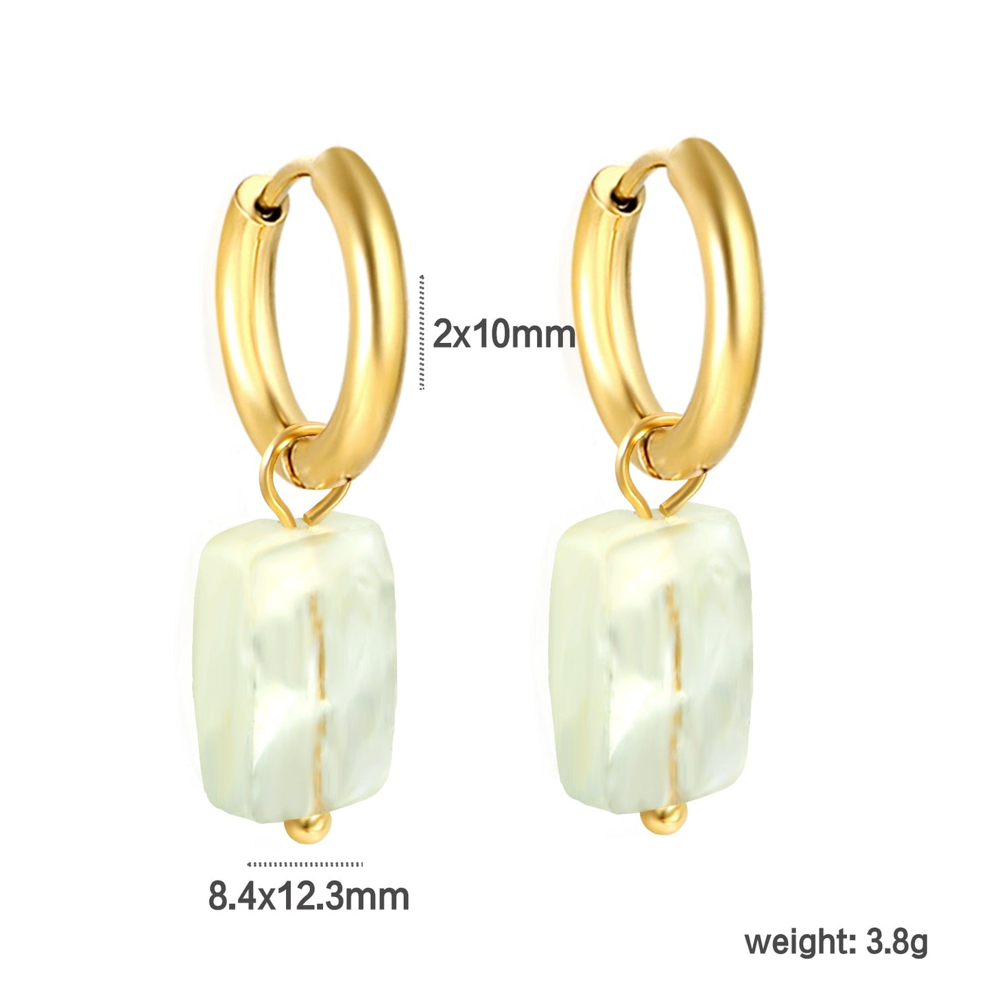 2*10mm circle + 8.4*12.3mm rectangle rhombus white natural stone earrings steel/golden color