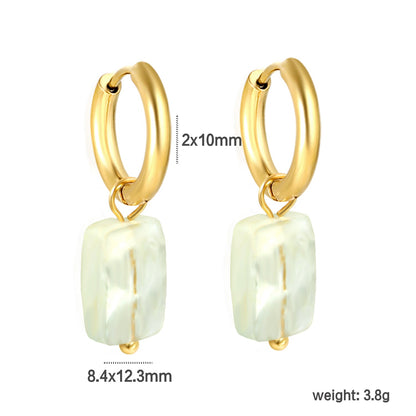 2*10mm circle + 8.4*12.3mm rectangle rhombus white natural stone earrings steel/golden color