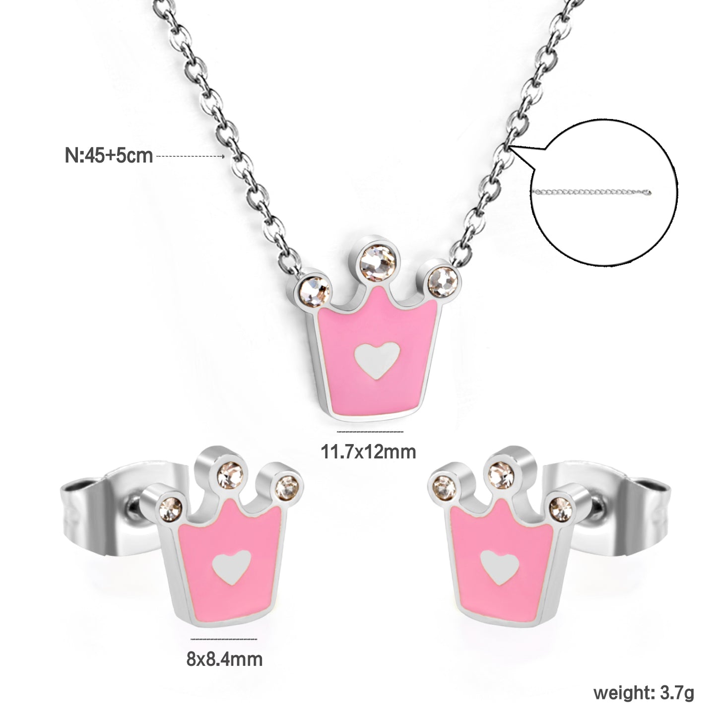 8x8.4mm Crown Pink Enamel Stud Earrings + 11.7x12mm Pendant Set - 0.35mm Cross Chain (45+5cm) & 6mm Tag - Stainless Steel Wholesale Jewelry