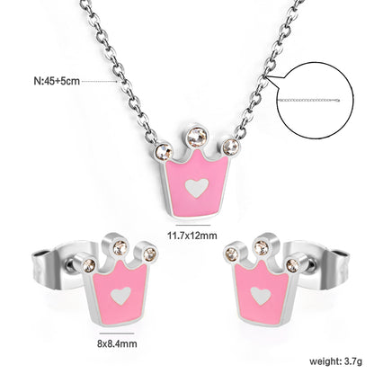 8x8.4mm Crown Pink Enamel Stud Earrings + 11.7x12mm Pendant Set - 0.35mm Cross Chain (45+5cm) & 6mm Tag - Stainless Steel Wholesale Jewelry
