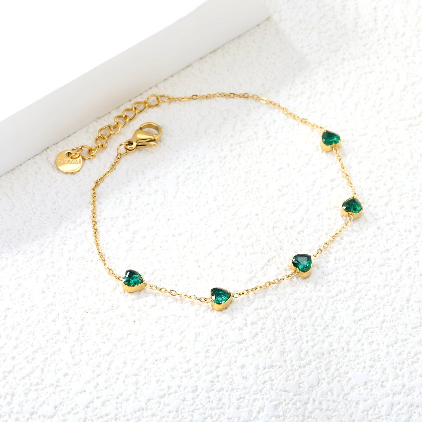 5mm heart shaped emerald zirconium accessories 0.3 cross chain *17+3cm+6mm round plaque bracelet gold color