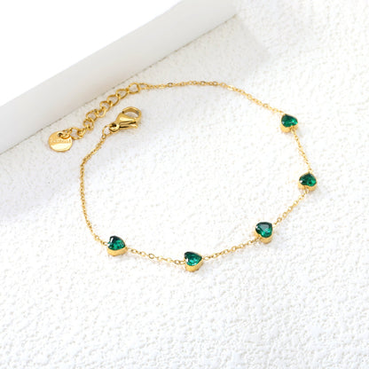 5mm heart shaped emerald zirconium accessories 0.3 cross chain *17+3cm+6mm round plaque bracelet gold color