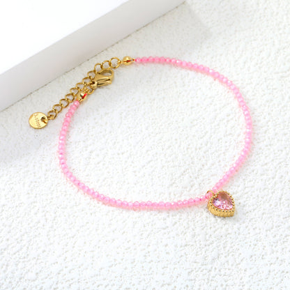 8.5*8.6mm Bead Edge Heart Shape Sticky White/Black/Purple/Red/Pink Zirconia Accessories 2mm White Beads*18+3cm+6mm Round Plaque Bracelet Golden