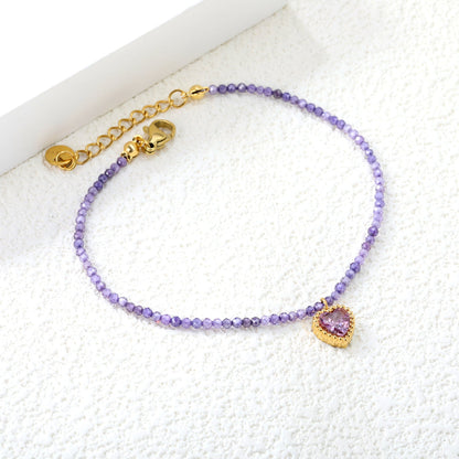 8.5*8.6mm Bead Edge Heart Shape Sticky White/Black/Purple/Red/Pink Zirconia Accessories 2mm White Beads*18+3cm+6mm Round Plaque Bracelet Golden