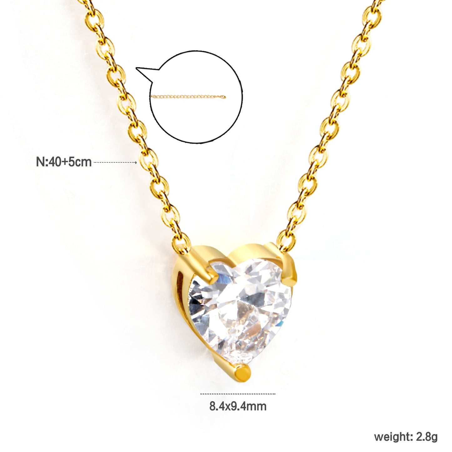 8.4*9.4mm heart shaped white zirconium/purple zirconium/garnet red zirconium/pink zirconium pendant necklace 0.3 cross chain 40+5cm+6mm round end tag gold color
