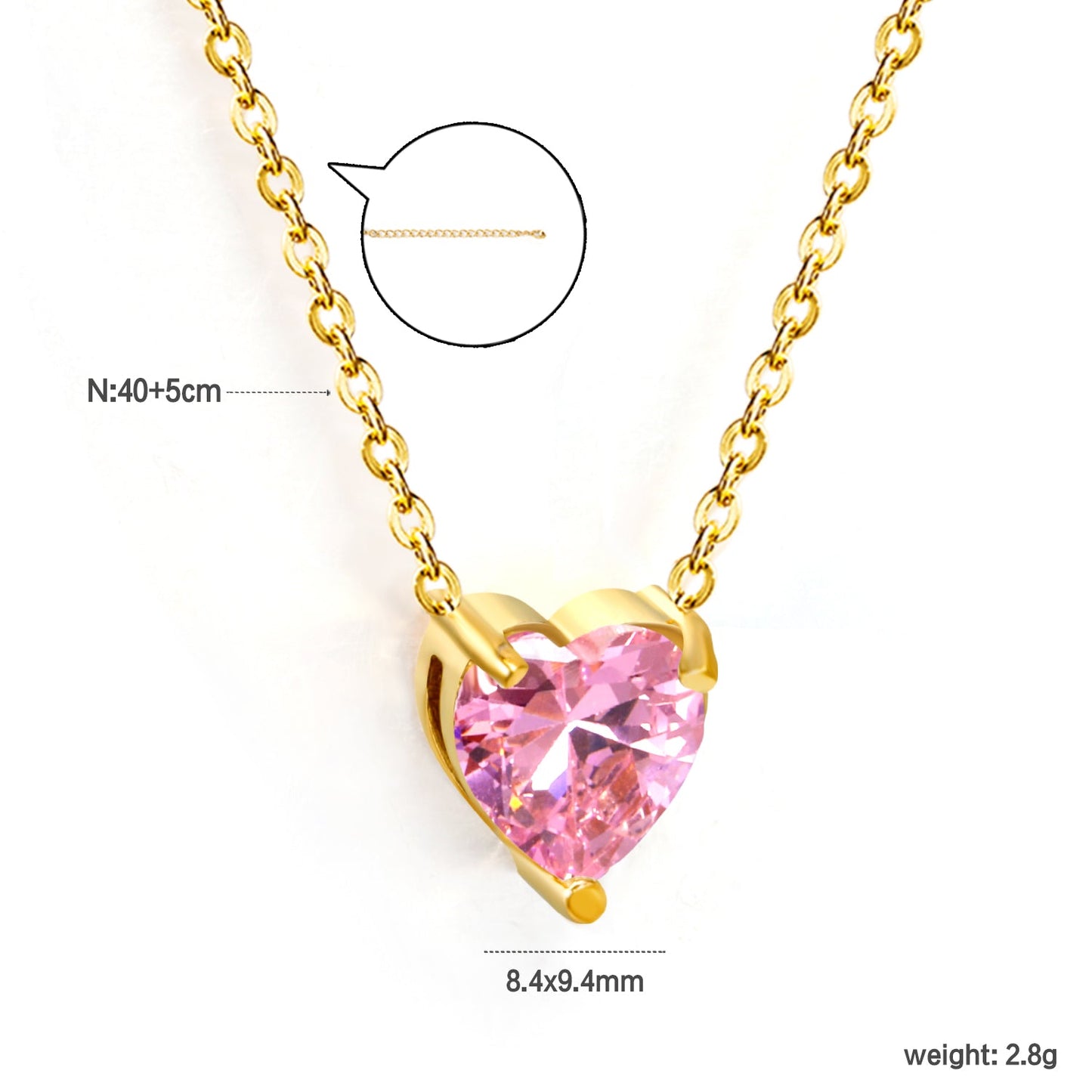 8.4*9.4mm heart shaped white zirconium/purple zirconium/garnet red zirconium/pink zirconium pendant necklace 0.3 cross chain 40+5cm+6mm round end tag gold color