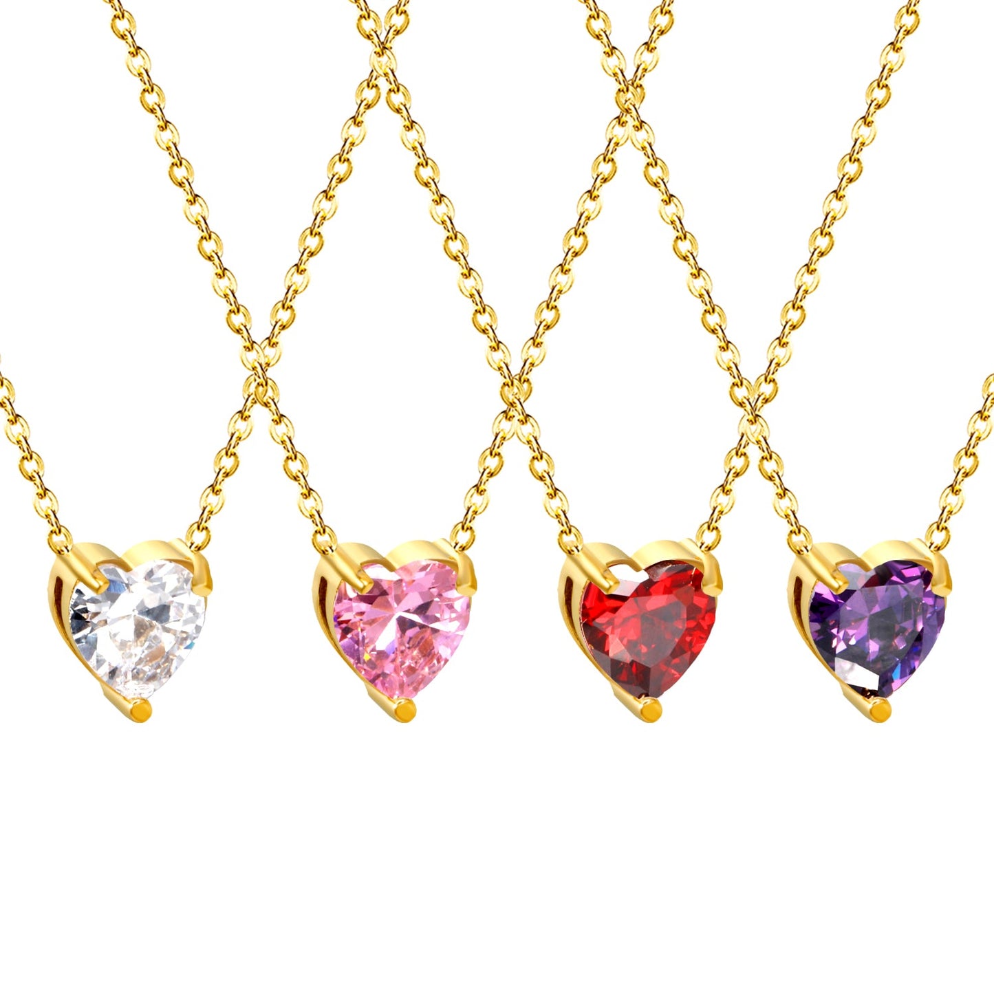 8.4*9.4mm heart shaped white zirconium/purple zirconium/garnet red zirconium/pink zirconium pendant necklace 0.3 cross chain 40+5cm+6mm round end tag gold color