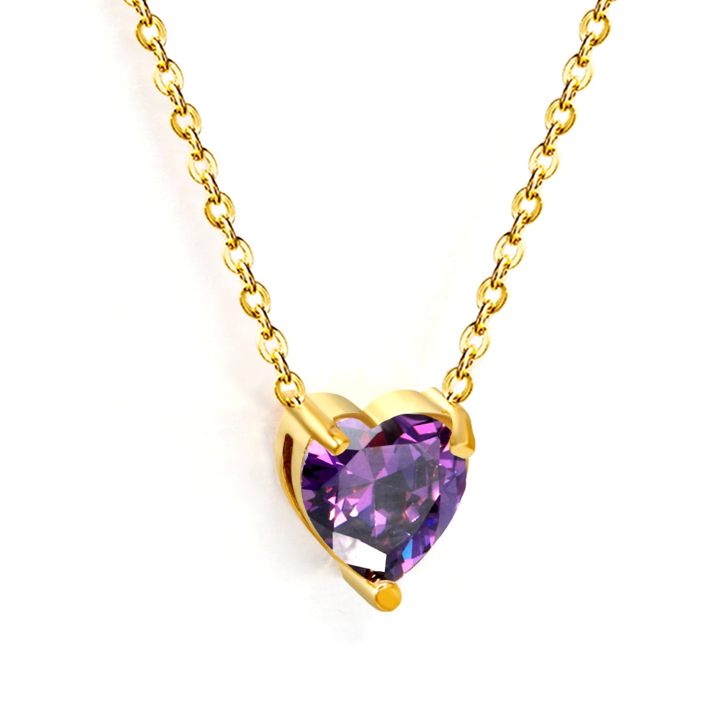 8.4*9.4mm heart shaped white zirconium/purple zirconium/garnet red zirconium/pink zirconium pendant necklace 0.3 cross chain 40+5cm+6mm round end tag gold color