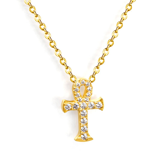 10*15mm cross with white zirconia pendant necklace 0.3 cross chain 40+5cm+6mm round end tag Gold color