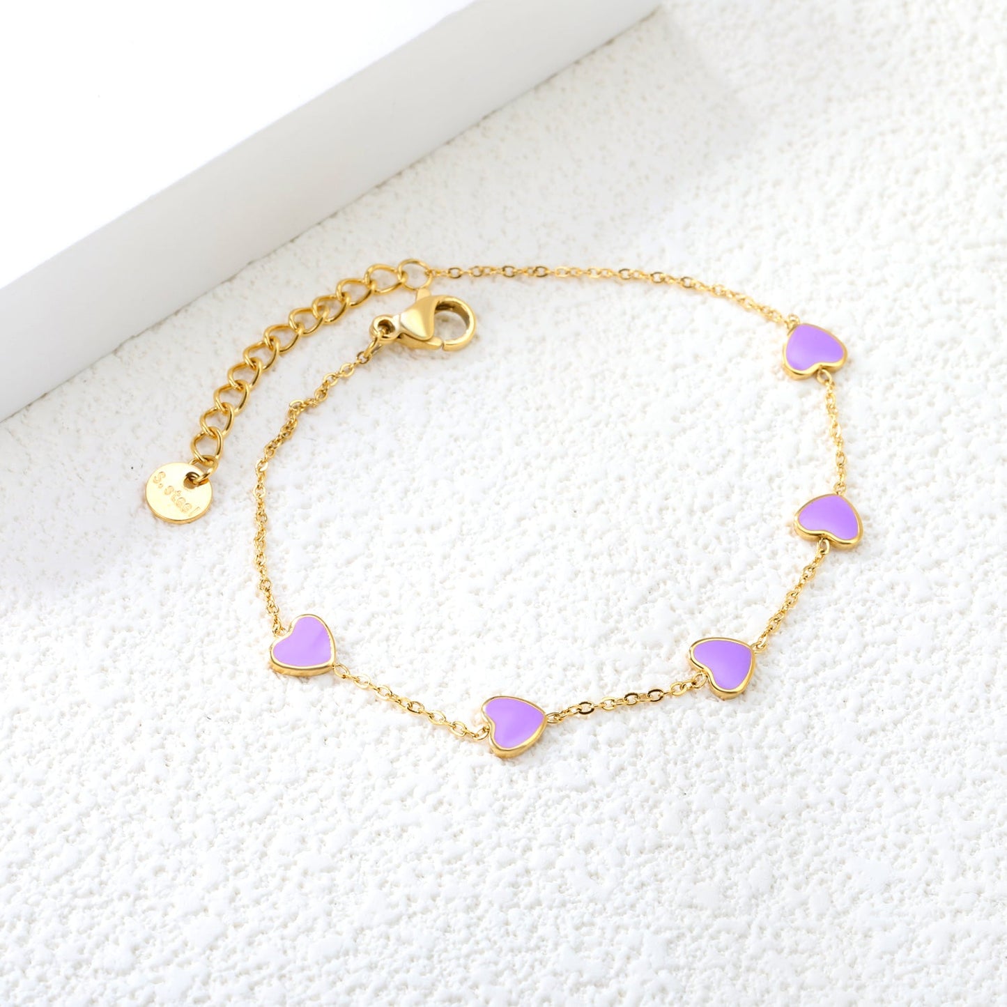 6.3*5.5mm heart-shaped black/purple/red/pink/dark blue oil-dripping accessories 0.3 cross chain *18+3cm+6mm round sign bracelet gold color