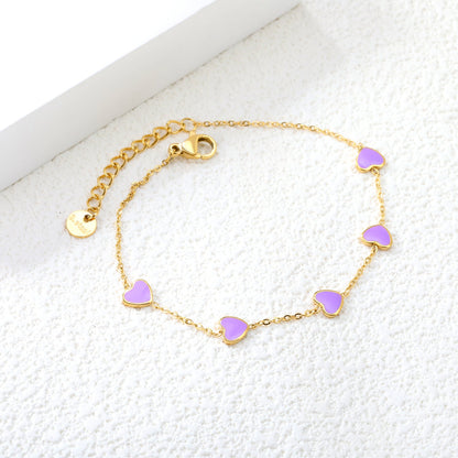 6.3*5.5mm heart-shaped black/purple/red/pink/dark blue oil-dripping accessories 0.3 cross chain *18+3cm+6mm round sign bracelet gold color