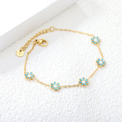 8mm six-petal flower white/black/purple/blue oil drop accessories 0.35 cross chain *18+3cm+6mm round sign bracelet gold color