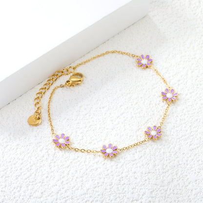 8mm six-petal flower white/black/purple/blue oil drop accessories 0.35 cross chain *18+3cm+6mm round sign bracelet gold color