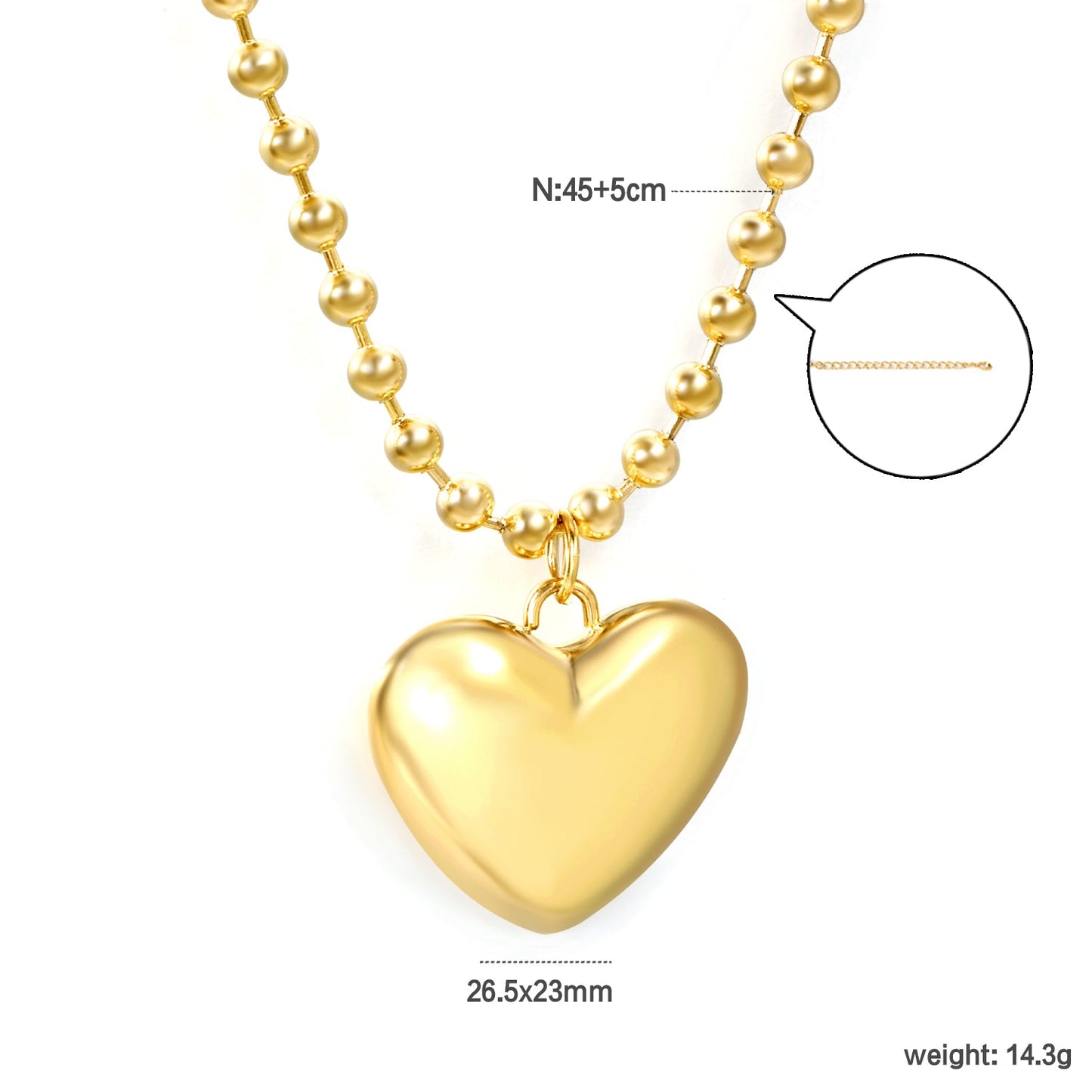26.5*23mm Hollow Heart Pendant Necklace 4.0 Wave Bead Chain 45+5cm+6mm Round Plaque Steel Color