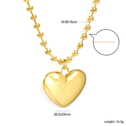 26.5*23mm Hollow Heart Pendant Necklace 4.0 Wave Bead Chain 45+5cm+6mm Round Plaque Steel Color