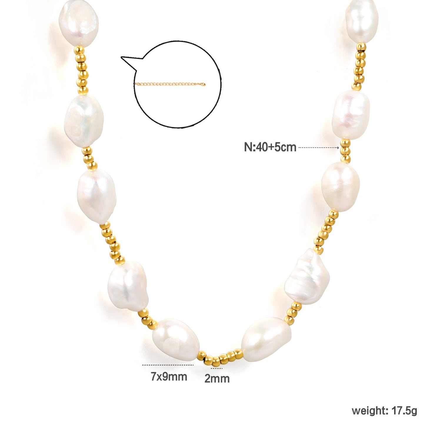 7*9mm freshwater pearl+2mm steel bead necklace 40+5cm+6mm round plaque Gold color