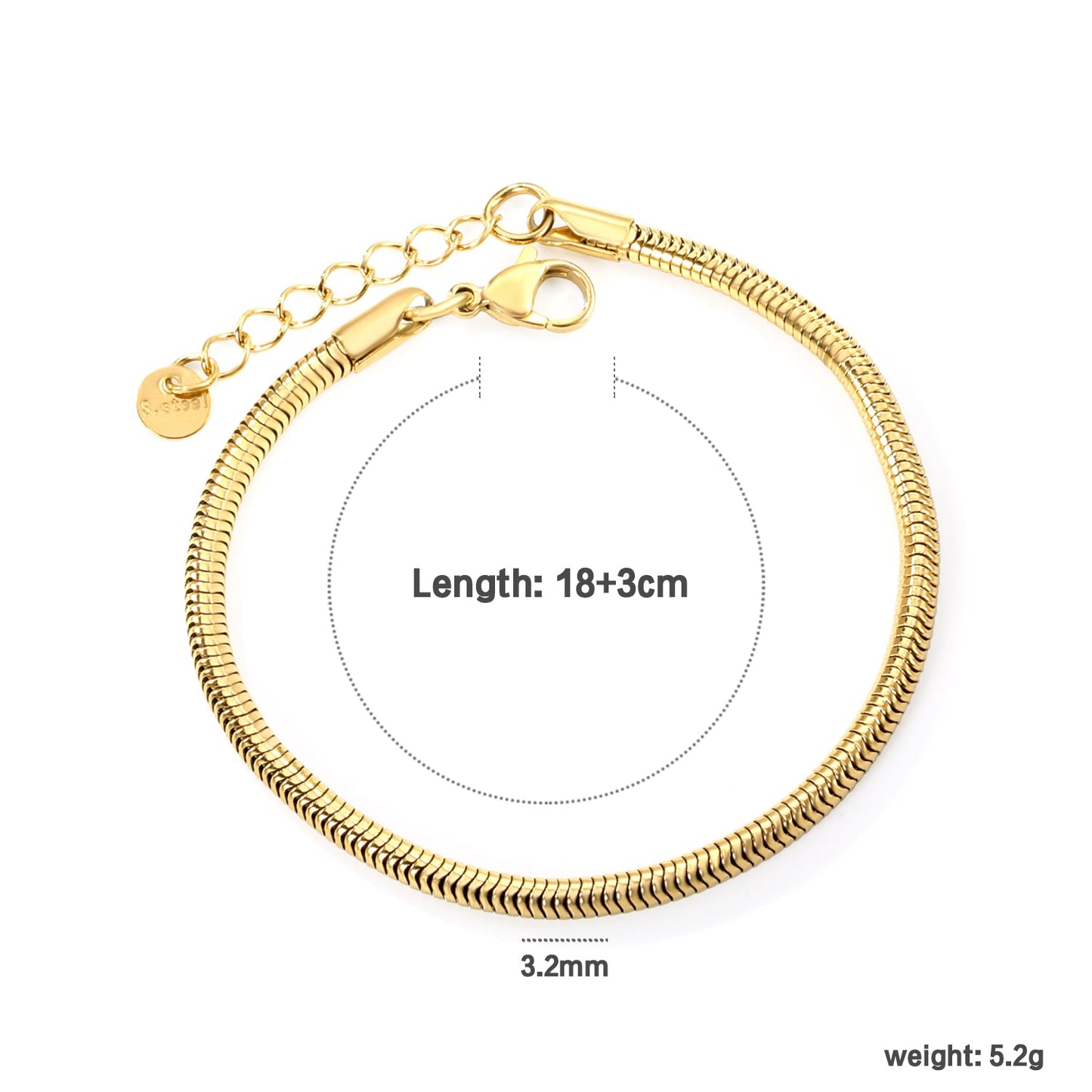 3.2mm Round Snake Bone Chain Bracelet 18+3cm+6mm Round Tail Plate Steel/Gold
