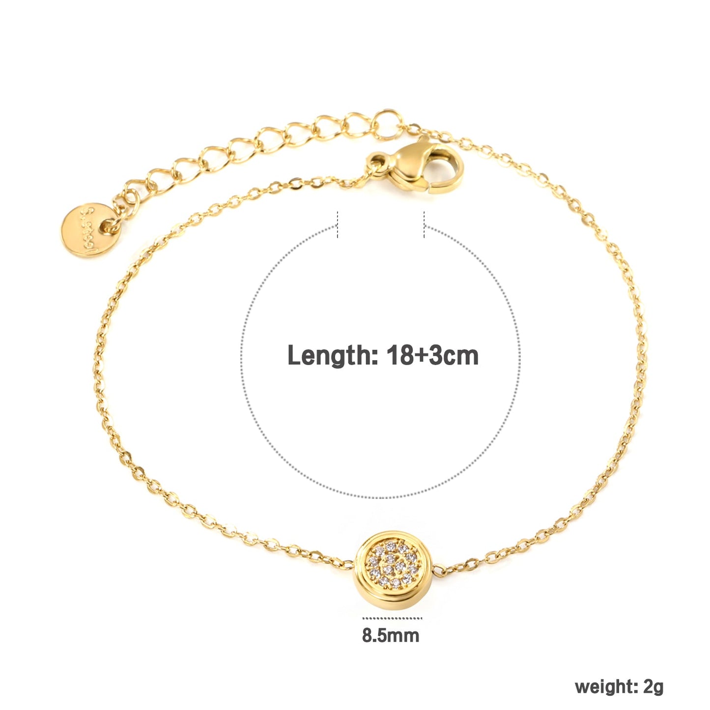 8.5mm Convex Round CNC Zirconium 0.3 Cross Bracelet 18+3cm+6mm Round Tail Plaque Gold Color
